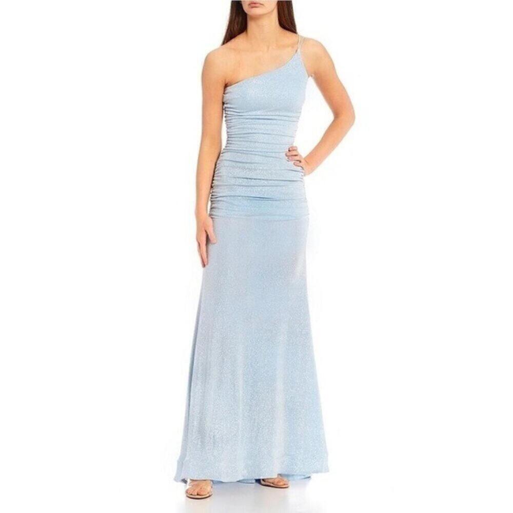 B. Darlin One-Shoulder Side Shirred Long Gown DRESS Periwinkle/Silver blue 1/2